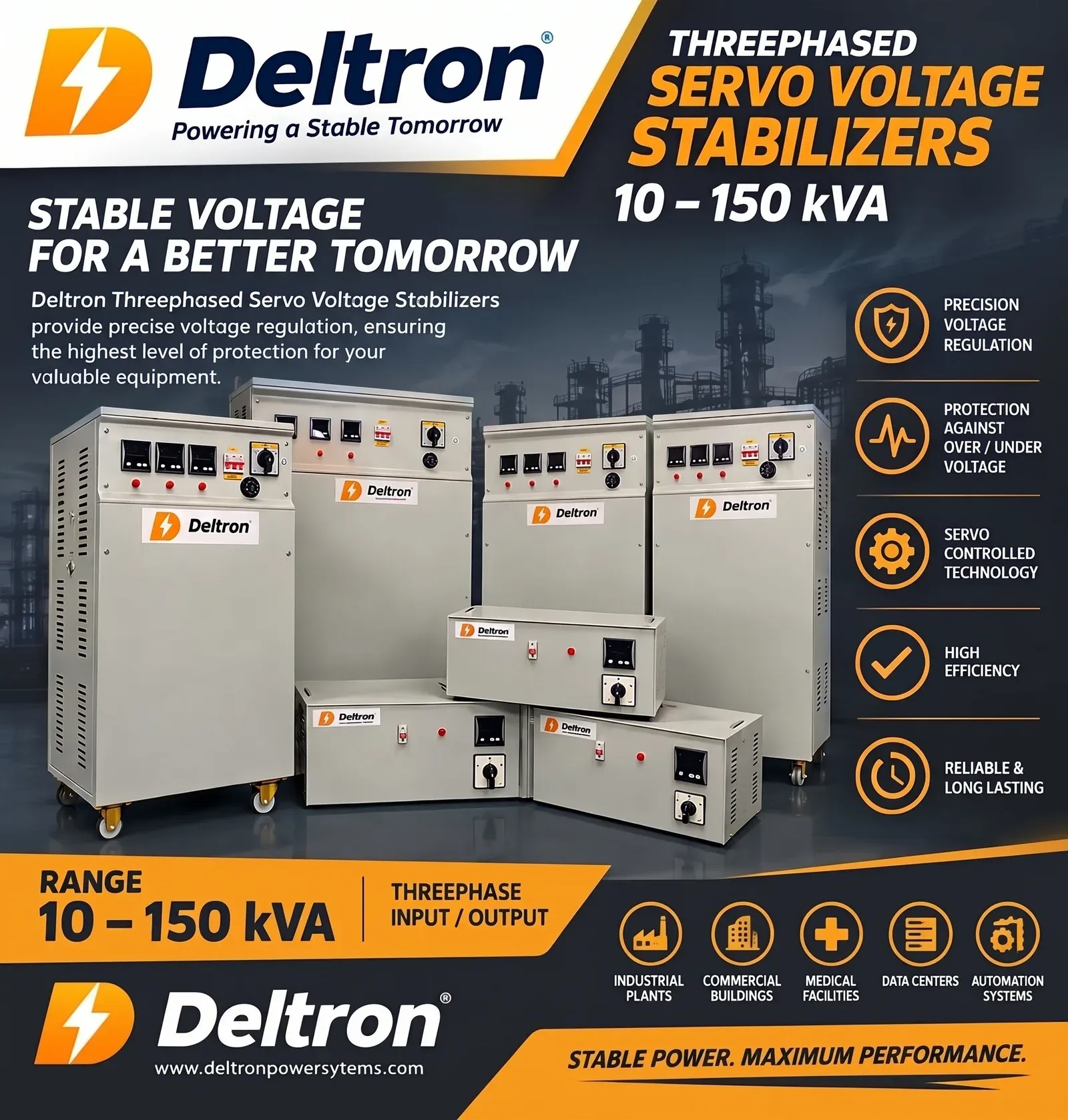 Deltron three-phase servo voltage stabilizers 10 – 150 kVA brochure