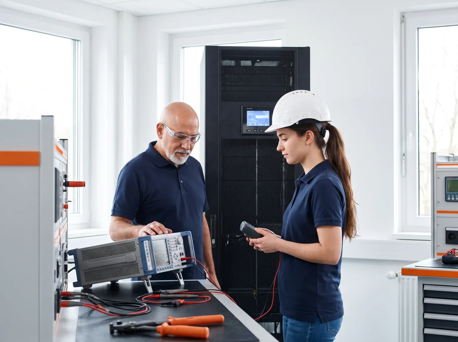 Deltron UPS laboratory with engineers testing units